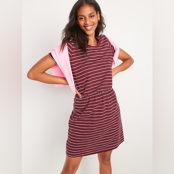 Waist-Defined Striped Slub-Knit Mini T-Shirt Dress 🌟 - Picture 1 of 9